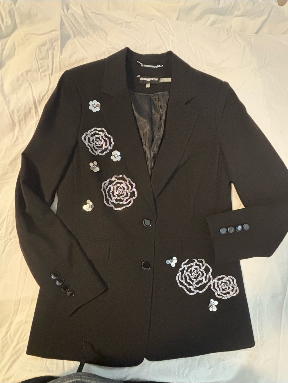 Karl Lagerfeld Black Blazer with White Floral Appliqués